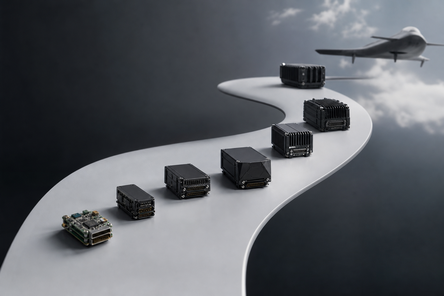 Seven compact drone avionics modules arranged from research prototype hardware to rugged autonomous aircraft