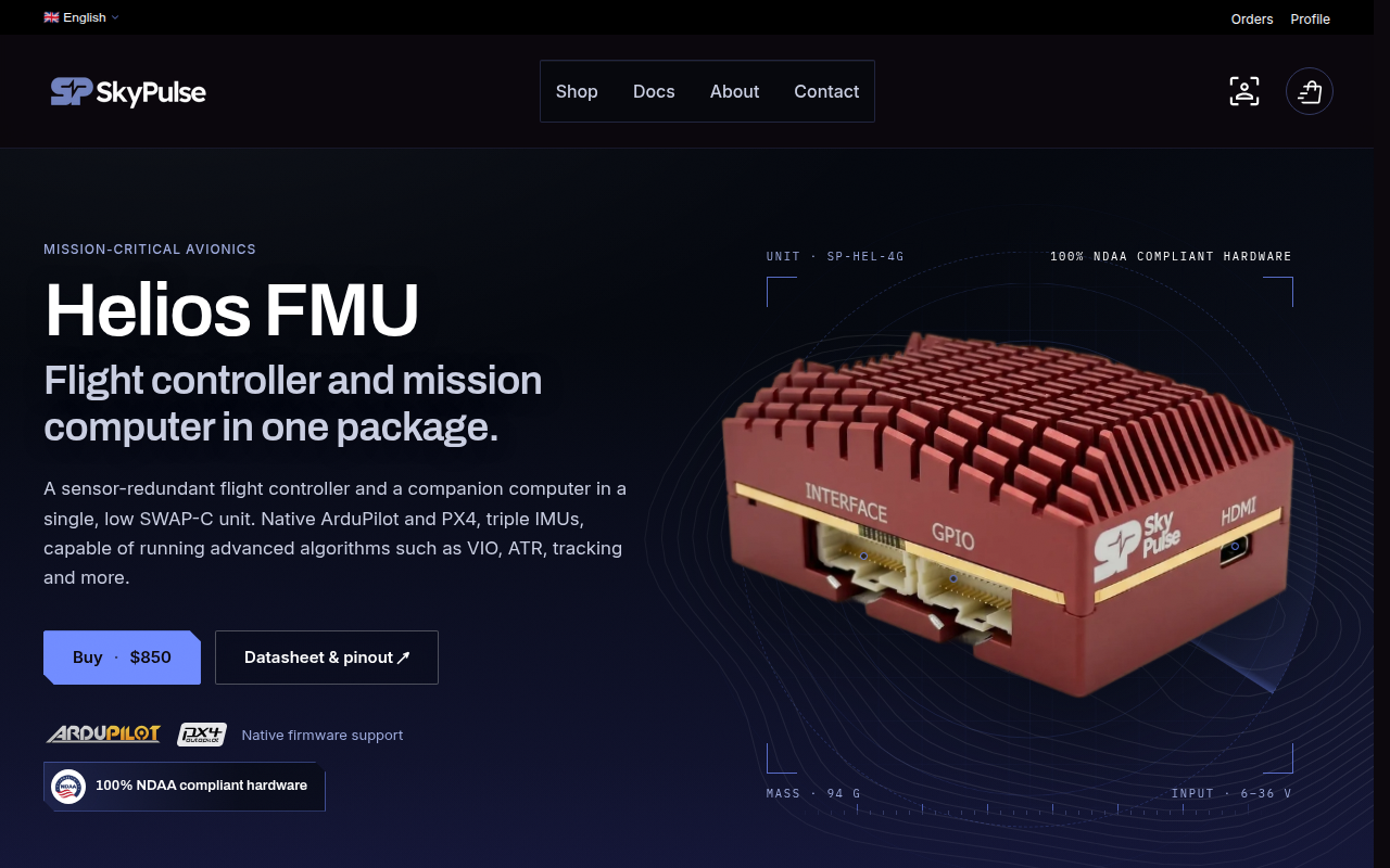 Sky Pulse Helios FMU combining flight control, companion computing, navigation, and autonomy hardware