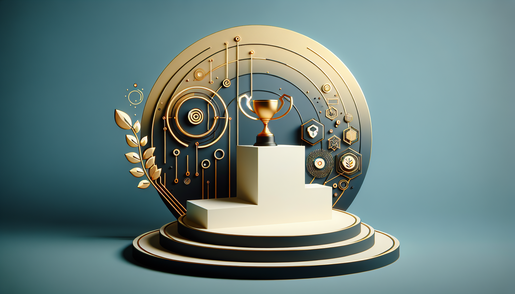 Abstrakte Podium-Grafik mit Trophäe und digitalem Schutzschild in minimalistischer Ästhetik