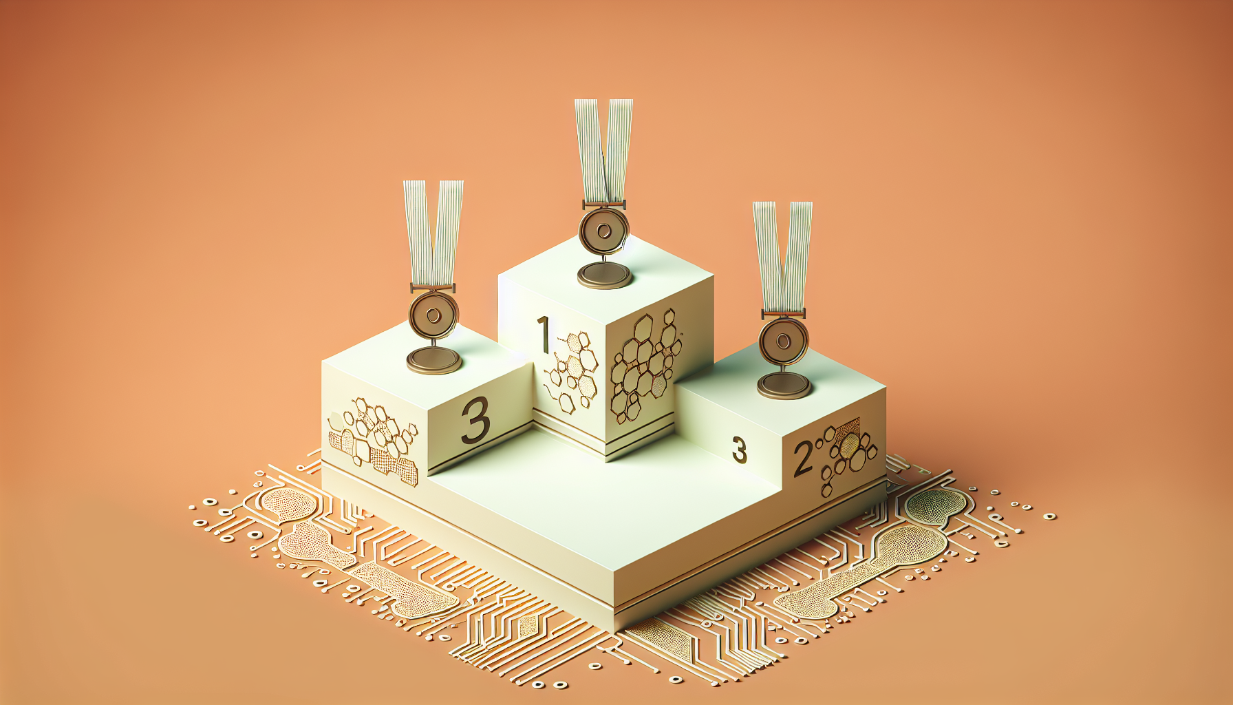 Dreistufiges Podium mit Medaillen und abstrakter Schaltkreismuster-Gestaltung