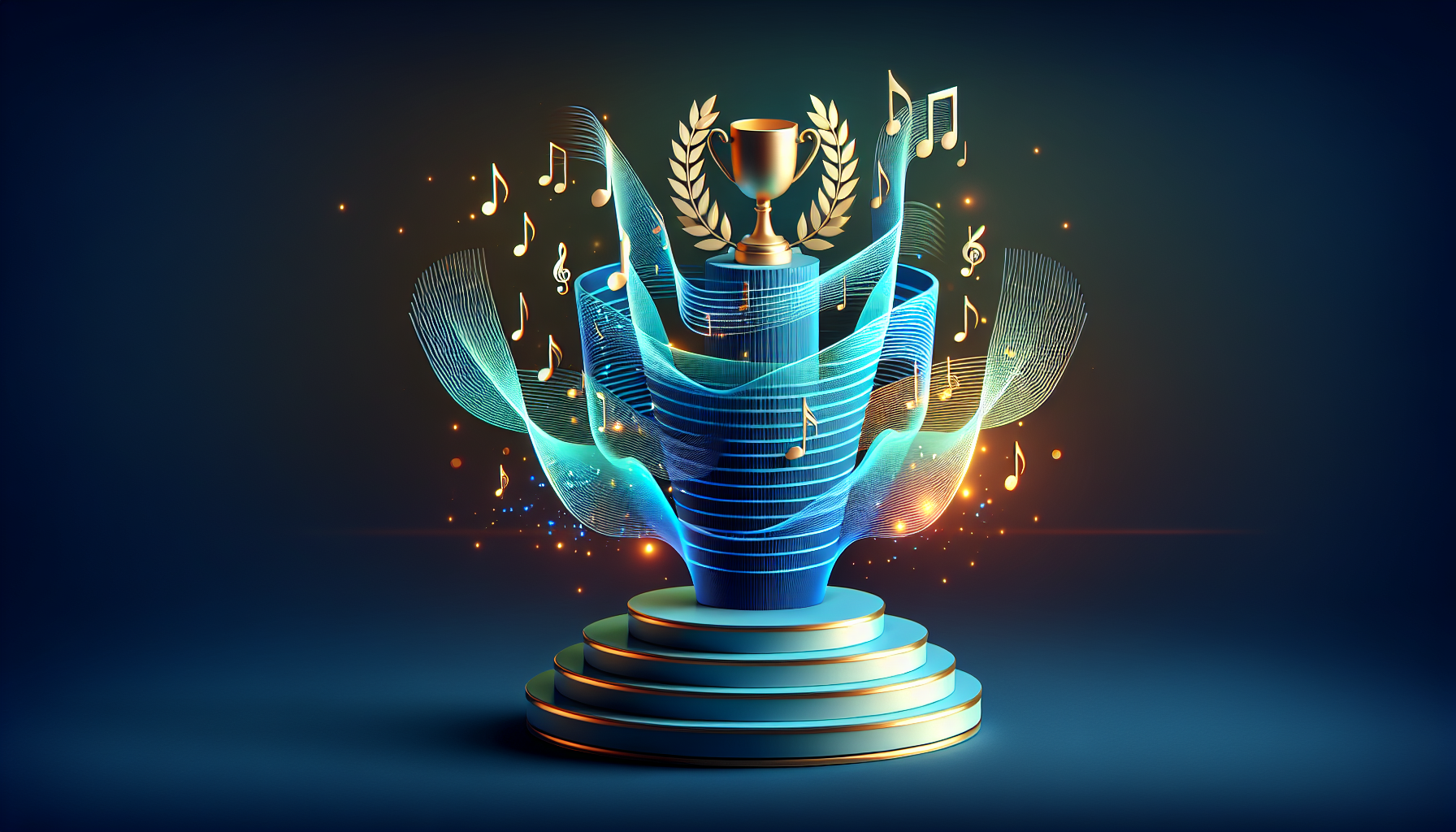 Abstract podium made of layered soundwaves with glowing musical notes and trophy motifs