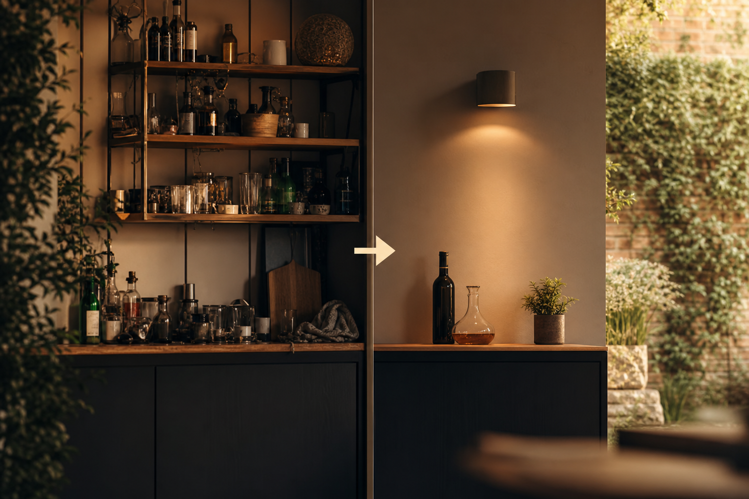 A garden home bar changing from mismatched décor to a calm coordinated entertaining space
