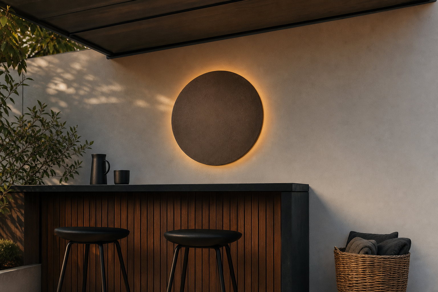 Sheltered garden bar with a weather-resistant sign and dry storage for fabric accessories